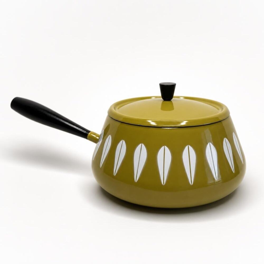Vintage MCM Cathrineholm Avocado Green Enamel Lotus Design Fondue Pot